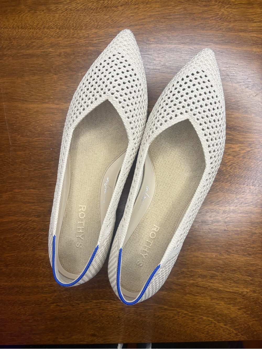 Rothy's The Point II Pointed Knit Flats — Cream with Blue Trim